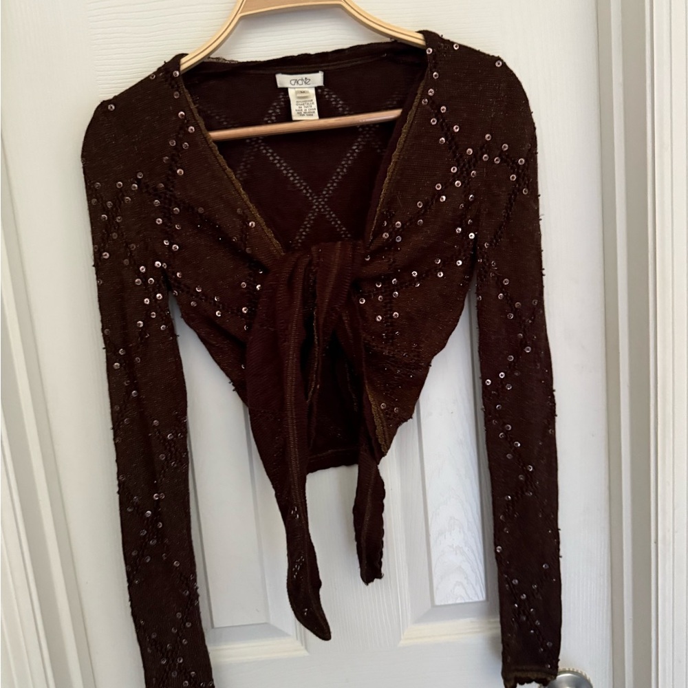 Cache Chocolate Sequin front tie cardigan